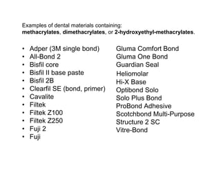Examples of dental materials containing:
methacrylates, dimethacrylates, or 2-hydroxyethyl-methacrylates.


  Adper (3M single bond)          Gluma Comfort Bond
  All-Bond 2                      Gluma One Bond
  Bisfil core                     Guardian Seal
  Bisfil II base paste            Heliomolar
  Bisfil 2B                       Hi-X Base
  Clearfil SE (bond, primer)      Optibond Solo
  Cavalite                        Solo Plus Bond
  Filtek                          ProBond Adhesive
  Filtek Z100                     Scotchbond Multi-Purpose
  Filtek Z250                     Structure 2 SC
  Fuji 2                          Vitre-Bond
  Fuji
 