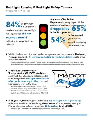 Red-Light Running & Red-Light Safety Camera
Programs in Missouri

84%

of drivers in
St. Louis who
received and paid one red-light
running citation did not

receive a second indicating a change in driver
behavior



A Kansas City Police
Department study reported the
number of accidents connected to

dropped by

65%

in the first year and
in the second
year cameras
started monitoring
the intersections.

54%

Within the first year of operation, the mere presence of the cameras in Florissant,
Missouri produced a 51 percent reduction in red-light citations in the areas
they were installed.
Source: MoDOT Study Finds Red-Light Cameras Reduce Accidents, Increase Safety. Florissant Patch, April 11, 2011.
http://florissant.patch.com/groups/police-and-fire/p/modot-study-finds-red-light-cameras-reduce-accidents-4e0e1b6fdb



A Missouri Department of
Transportation (MoDOT) study has
confirmed that while some policies needed
to be changed, the red-light cameras are
effective in reducing accidents around
intersections with traffic lights.
Source: MoDOT Study Finds Red-Light Cameras Reduce
Accidents, Increase Safety. Florissant Patch, April 11, 2011.
http://florissant.patch.com/groups/ police-and-fire/p/modotstudy-finds-red-light-cameras-reduce-accidents- 4e0e1b6fdb



In St. Joseph, Missouri, police authorized 338 red-light running warnings
to be sent to vehicle owners during three weeks of camera testing ending in
February. Last year, officers handed out 260 citations in all of 2012.
Source: St. Joe Channel, Feb. 18, 2013. http://stjoechannel.com/ fulltext?nxd_id=327372

 