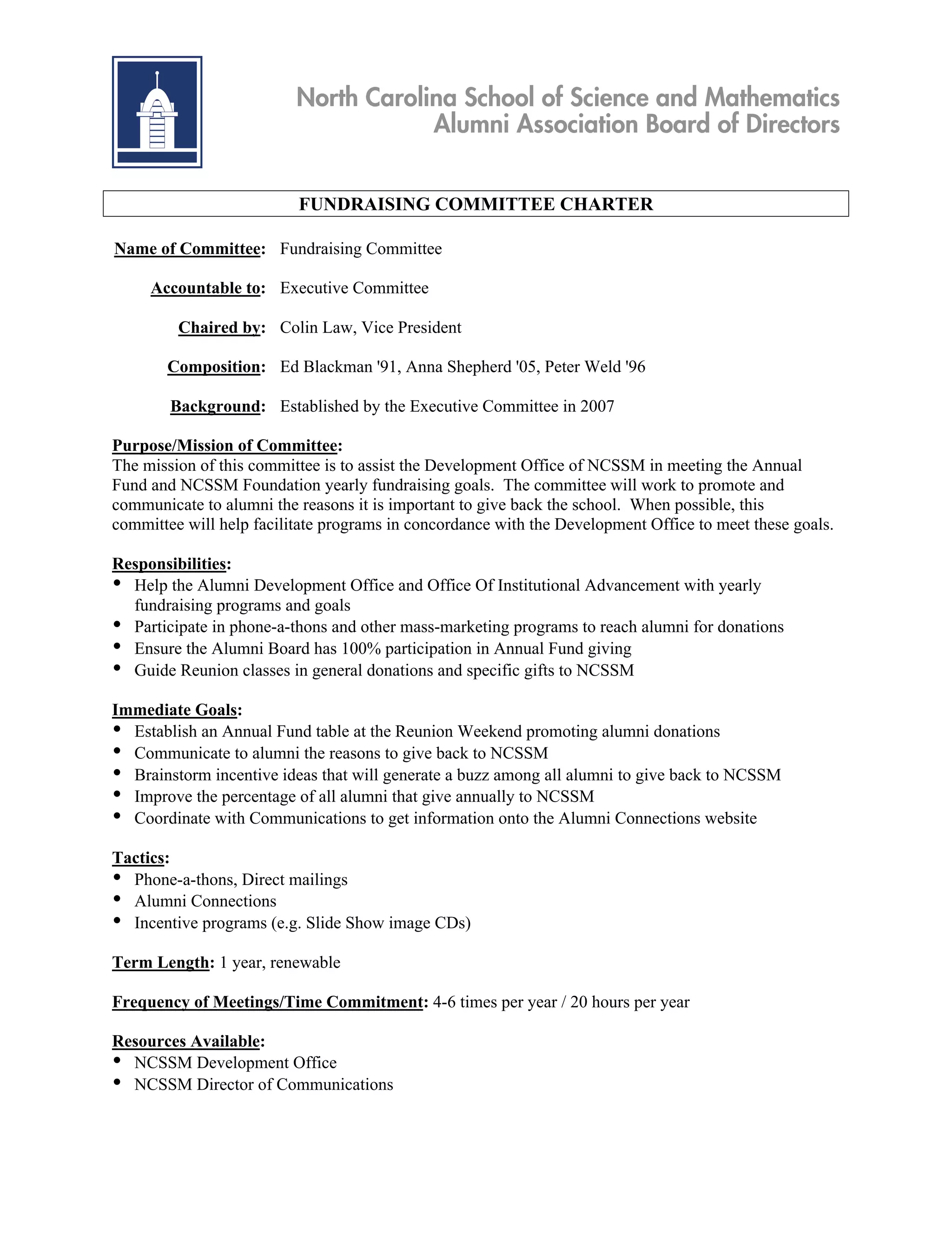 North Carolina School of Science and Mathematics
                                      Alumni Association Board of Directors


                          FUNDRAISING COMMITTEE CHARTER

Name of Committee: Fundraising Committee

     Accountable to: Executive Committee

         Chaired by: Colin Law, Vice President

       Composition: Ed Blackman '91, Anna Shepherd '05, Peter Weld '96

        Background: Established by the Executive Committee in 2007

Purpose/Mission of Committee:
The mission of this committee is to assist the Development Office of NCSSM in meeting the Annual
Fund and NCSSM Foundation yearly fundraising goals. The committee will work to promote and
communicate to alumni the reasons it is important to give back the school. When possible, this
committee will help facilitate programs in concordance with the Development Office to meet these goals.

Responsibilities:
• Help the Alumni Development Office and Office Of Institutional Advancement with yearly
  fundraising programs and goals
• Participate in phone-a-thons and other mass-marketing programs to reach alumni for donations
• Ensure the Alumni Board has 100% participation in Annual Fund giving
• Guide Reunion classes in general donations and specific gifts to NCSSM
Immediate Goals:
• Establish an Annual Fund table at the Reunion Weekend promoting alumni donations
• Communicate to alumni the reasons to give back to NCSSM
• Brainstorm incentive ideas that will generate a buzz among all alumni to give back to NCSSM
• Improve the percentage of all alumni that give annually to NCSSM
• Coordinate with Communications to get information onto the Alumni Connections website
Tactics:
• Phone-a-thons, Direct mailings
• Alumni Connections
• Incentive programs (e.g. Slide Show image CDs)
Term Length: 1 year, renewable

Frequency of Meetings/Time Commitment: 4-6 times per year / 20 hours per year

Resources Available:
• NCSSM Development Office
• NCSSM Director of Communications
 