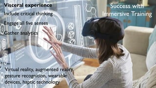 Success with
Immersive Training
Gather analytics
Engage all five senses
Include critical thinking
Visceral experience
Virtual reality, augmented reality,
gesture recognition, wearable
devices, haptic technology
 