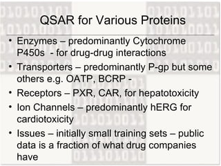 QSAR for Various Proteins <ul><li>Enzymes – predominantly Cytochrome P450s  - for drug-drug interactions </li></ul><ul><li...