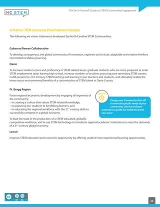 26
In Practice: STEM CommunityVision Statement Samples
The following are vision statements developed by North Carolina STEM Communities:
Cabarrus/Rowan Collaborative
To develop a prosperous and global community of innovators, explorers and critical, adaptable and creative thinkers
committed to lifelong learning.
Davie
To increase student scores and proficiency in STEM-related areas, graduate students who are more prepared to enter
STEM employment upon leaving high school, increase numbers of students pursuing post-secondary STEM careers,
instill passion for 21st Century STEM teaching and learning in our teachers and students, and ultimately realize the
more macro-environmental benefits of a concentration of STEM talent in Davie County.
Ft. Bragg Region
Foster regional economic development by engaging all segments of
the community:
– in creating a culture that values STEM-related knowledge,
– in preparing our students to be lifelong learners, and
– in educating the regional workforce with the 21st
century skills to
successfully compete in a global economy.
To lead the state in the production of a STEM-educated, globally-
competitive workforce, and to use STEM technology to transform regional academic institutions to meet the demands
of a 21st
century global economy.
Lenoir
Improve STEM education and economic opportunity by offering student more experiential learning opportunities.
Design your Community Kick-off
to meet the specific needs of your
community. Use the enclosed
protocol as a guide but make this event
your own!
 