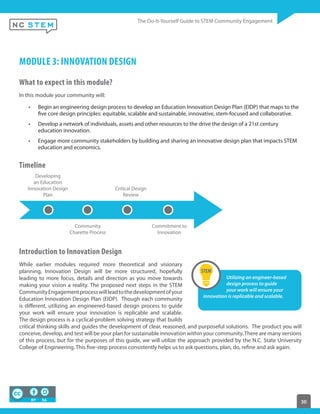 30
MODULE 3: INNOVATION DESIGN
What to expect in this module?
In this module your community will:
Begin an engineering design process to develop an Education Innovation Design Plan (EIDP) that maps to the
five core design principles: equitable, scalable and sustainable, innovative, stem-focused and collaborative.
Develop a network of individuals, assets and other resources to the drive the design of a 21st century
education innovation.
Engage more community stakeholders by building and sharing an innovative design plan that impacts STEM
education and economics.
Timeline
Developing
an Education
Innovation Design
Plan
Community
Charette Process
Critical Design
Review
Commitment to
Innovation
Introduction to Innovation Design
While earlier modules required more theoretical and visionary
planning, Innovation Design will be more structured, hopefully
leading to more focus, details and direction as you move towards
making your vision a reality. The proposed next steps in the STEM
CommunityEngagementprocesswillleadtothedevelopmentofyour
Education Innovation Design Plan (EIDP). Though each community
is different, utilizing an engineered-based design process to guide
your work will ensure your innovation is replicable and scalable.
The design process is a cyclical-problem solving strategy that builds
critical thinking skills and guides the development of clear, reasoned, and purposeful solutions. The product you will
conceive, develop, and test will be your plan for sustainable innovation within your community.There are many versions
of this process, but for the purposes of this guide, we will utilize the approach provided by the N.C. State University
College of Engineering. This five-step process consistently helps us to ask questions, plan, do, refine and ask again.
Utilizing an engineer-based
design process to guide
your work will ensure your
innovation is replicable and scalable.
 