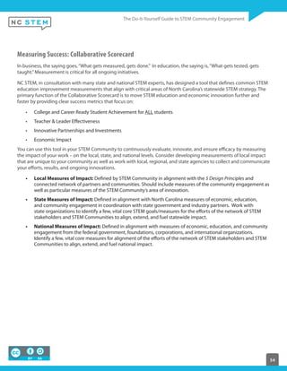 54
Measuring Success: Collaborative Scorecard
In business, the saying goes,“What gets measured, gets done.” In education, the saying is,“What gets tested, gets
taught.”Measurement is critical for all ongoing initiatives.
NC STEM, in consultation with many state and national STEM experts, has designed a tool that defines common STEM
education improvement measurements that align with critical areas of North Carolina’s statewide STEM strategy. The
primary function of the Collaborative Scorecard is to move STEM education and economic innovation further and
faster by providing clear success metrics that focus on:
College and Career Ready Student Achievement for ALL students
Teacher & Leader Effectiveness
Innovative Partnerships and Investments
Economic Impact
You can use this tool in your STEM Community to continuously evaluate, innovate, and ensure efficacy by measuring
the impact of your work – on the local, state, and national levels. Consider developing measurements of local impact
that are unique to your community as well as work with local, regional, and state agencies to collect and communicate
your efforts, results, and ongoing innovations.
Local Measures of Impact: Defined by STEM Community in alignment with the 5 Design Principles and
connected network of partners and communities. Should include measures of the community engagement as
well as particular measures of the STEM Community’s area of innovation.
State Measures of Impact: Defined in alignment with North Carolina measures of economic, education,
and community engagement in coordination with state government and industry partners. Work with
state organizations to identify a few, vital core STEM goals/measures for the efforts of the network of STEM
stakeholders and STEM Communities to align, extend, and fuel statewide impact.
National Measures of Impact: Defined in alignment with measures of economic, education, and community
engagement from the federal government, foundations, corporations, and international organizations.
Identify a few, vital core measures for alignment of the efforts of the network of STEM stakeholders and STEM
Communities to align, extend, and fuel national impact.
 