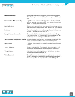 59
Letter of Agreement Record of a collaborative commitment to developing innovation
that will engage the community’s students in rigorous STEM educa-
tion.
Memorandum of Understanding Legal document designed to clarify goals and objectives of local
partners as well as document monetary and in-kind investments of
the NC STEM and community partners.
Positive Deviance Discovery and optimization of existing solutions or strategies within
the community or organization to affect behavior and social change.
Prototype The methodology formed to address a specific need in the commu-
nity that is identified as urgent and critical.
Ready to Launch Communities Communities that have created an Education Innovation Design
Plan (EIDP) in the NC STEM proprietary Community Vision and De-
sign Process and are working towards implementation.
STEM Community Engagement Process Targeted course of action to guide communities through their pro-
totype development and education innovation design plan.
STEM Pipeline Process by which students are educated, prepared and enter STEM
careers.
Theory of Change Comprehensive analysis of prototype to clarify assumptions and
strategies in addition to projecting short and long term impacts.
Thought Partner Individual with particular expertise who adds value to a project,
especially but not exclusively the CVP.
Vision Statement Descriptive statement that captures the aspirations of the commu-
nity as it pertains to STEM education and economic development, a
framework by which the innovation is focused and designed.
 