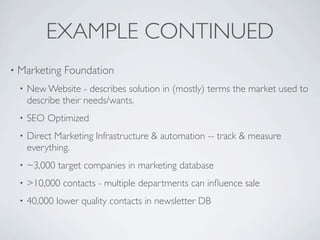 EXAMPLE CONTINUED
•   Marketing Foundation
    •   New Website - describes solution in (mostly) terms the market used to
        describe their needs/wants.
    •   SEO Optimized
    •   Direct Marketing Infrastructure & automation -- track & measure
        everything.
    •   ~3,000 target companies in marketing database
    •   >10,000 contacts - multiple departments can inﬂuence sale
    •   40,000 lower quality contacts in newsletter DB
 