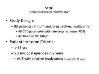 SYDIT
Syncope Diagnosis and Treatment Study
• Study Design:
– 93 patients randomized, prospective, multicenter
• 46 DDD pacemaker with rate drop response (RDR)
• 47 Atenolol 100 MG/D
• Patient Inclusion Criteria:
– > 55 yrs
– > 3 syncopal episodes in 2 years
– + HUT with relative bradycardia (trough HR <60 bpm)
Ammirati F, et al. Circulation. 2001; 104:52-57.
 