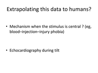 Extrapolating this data to humans?
• Mechanism when the stimulus is central ? (eg,
blood–injection–injury phobia)
• Echocardiography during tilt
 