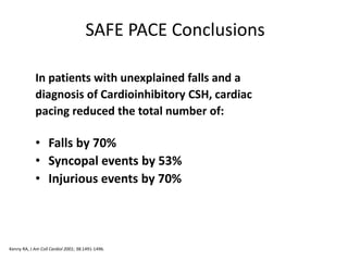 SAFE PACE Conclusions
In patients with unexplained falls and a
diagnosis of Cardioinhibitory CSH, cardiac
pacing reduced the total number of:
• Falls by 70%
• Syncopal events by 53%
• Injurious events by 70%
Kenny RA, J Am Coll Cardiol 2001; 38:1491-1496.
 