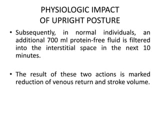 PHYSIOLOGIC IMPACT
OF UPRIGHT POSTURE
• Subsequently, in normal individuals, an
additional 700 ml protein-free fluid is filtered
into the interstitial space in the next 10
minutes.
• The result of these two actions is marked
reduction of venous return and stroke volume.
 
