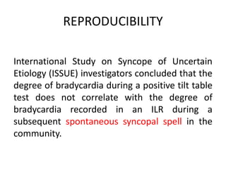 REPRODUCIBILITY
International Study on Syncope of Uncertain
Etiology (ISSUE) investigators concluded that the
degree of bradycardia during a positive tilt table
test does not correlate with the degree of
bradycardia recorded in an ILR during a
subsequent spontaneous syncopal spell in the
community.
 