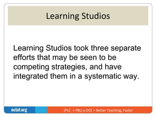 Learning Studios 
Learning Studios took three separate 
efforts that may be seen to be 
competing strategies, and have 
integrated them in a systematic way. 
(PLC + PBL) x OCE = Better Teaching, Faster 
 