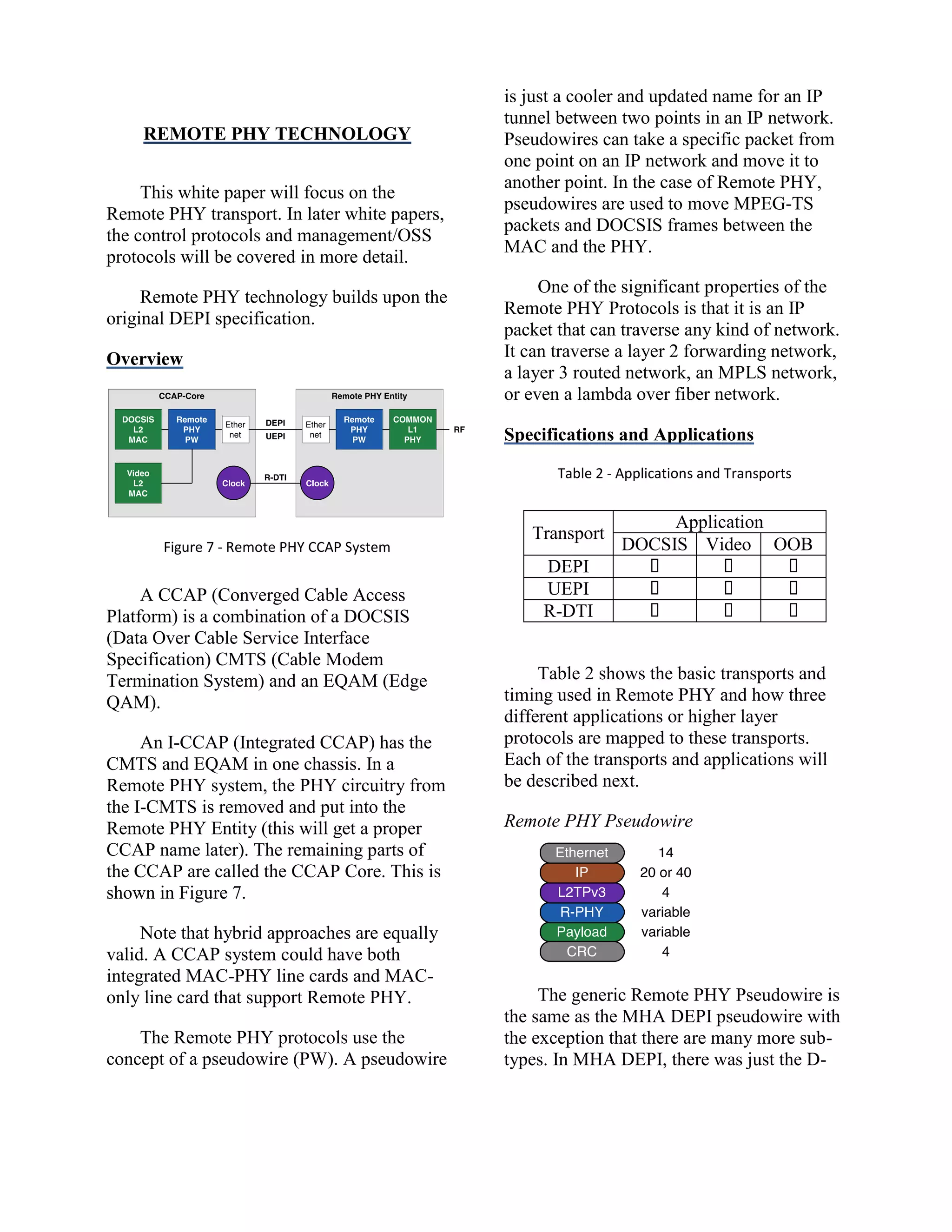 REMOTE PHY TECHNOLOGY
This white paper will focus on the
Remote PHY transport. In later white papers,
the control protocols and management/OSS
protocols will be covered in more detail.
Remote PHY technology builds upon the
original DEPI specification.
Overview
Figure 7 - Remote PHY CCAP System
A CCAP (Converged Cable Access
Platform) is a combination of a DOCSIS
(Data Over Cable Service Interface
Specification) CMTS (Cable Modem
Termination System) and an EQAM (Edge
QAM).
An I-CCAP (Integrated CCAP) has the
CMTS and EQAM in one chassis. In a
Remote PHY system, the PHY circuitry from
the I-CMTS is removed and put into the
Remote PHY Entity (this will get a proper
CCAP name later). The remaining parts of
the CCAP are called the CCAP Core. This is
shown in Figure 7.
Note that hybrid approaches are equally
valid. A CCAP system could have both
integrated MAC-PHY line cards and MAC-
only line card that support Remote PHY.
The Remote PHY protocols use the
concept of a pseudowire (PW). A pseudowire
is just a cooler and updated name for an IP
tunnel between two points in an IP network.
Pseudowires can take a specific packet from
one point on an IP network and move it to
another point. In the case of Remote PHY,
pseudowires are used to move MPEG-TS
packets and DOCSIS frames between the
MAC and the PHY.
One of the significant properties of the
Remote PHY Protocols is that it is an IP
packet that can traverse any kind of network.
It can traverse a layer 2 forwarding network,
a layer 3 routed network, an MPLS network,
or even a lambda over fiber network.
Specifications and Applications
Table 2 - Applications and Transports
Transport
Application
DOCSIS Video OOB
DEPI   
UEPI   
R-DTI   
Table 2 shows the basic transports and
timing used in Remote PHY and how three
different applications or higher layer
protocols are mapped to these transports.
Each of the transports and applications will
be described next.
Remote PHY Pseudowire
The generic Remote PHY Pseudowire is
the same as the MHA DEPI pseudowire with
the exception that there are many more sub-
types. In MHA DEPI, there was just the D-
 