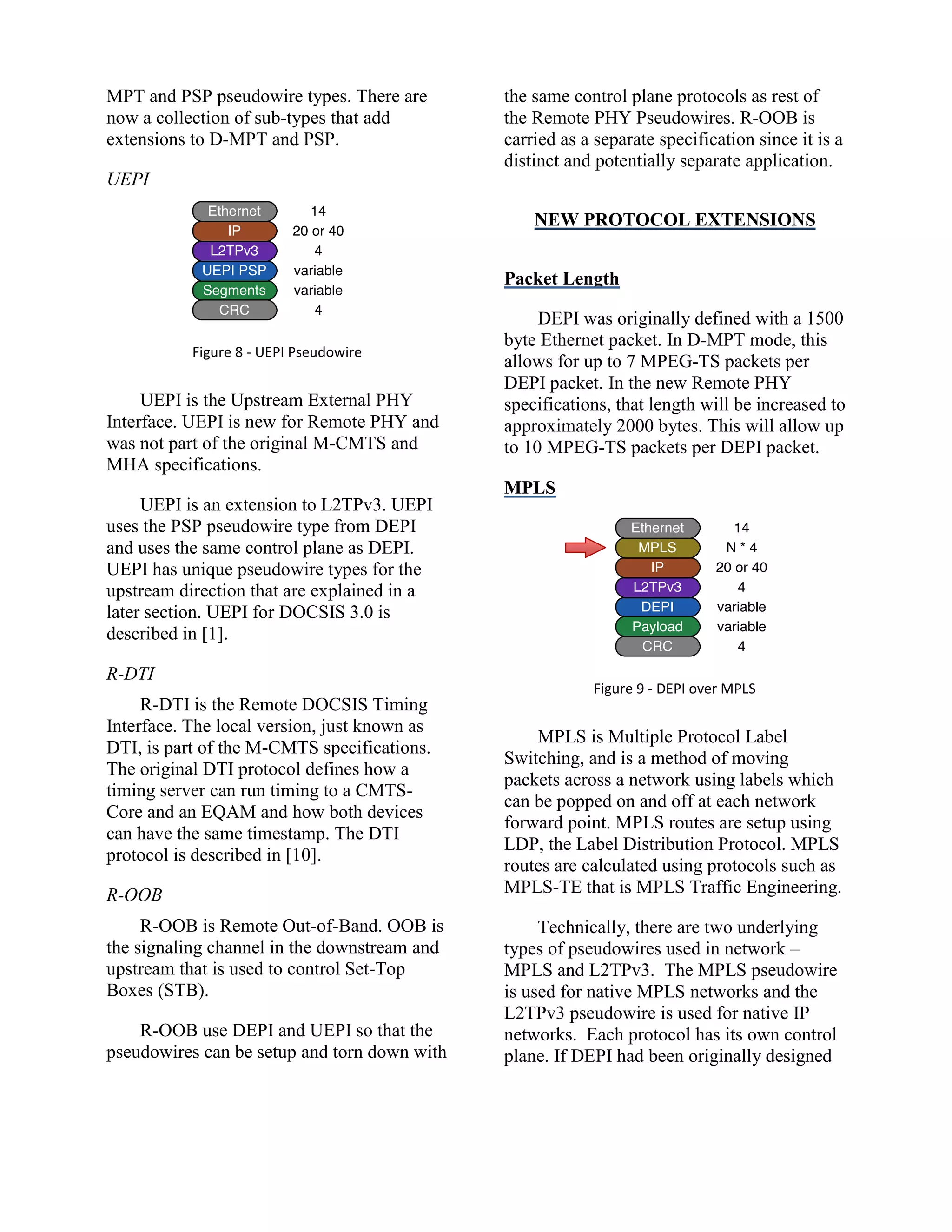 MPT and PSP pseudowire types. There are
now a collection of sub-types that add
extensions to D-MPT and PSP.
UEPI
Figure 8 - UEPI Pseudowire
UEPI is the Upstream External PHY
Interface. UEPI is new for Remote PHY and
was not part of the original M-CMTS and
MHA specifications.
UEPI is an extension to L2TPv3. UEPI
uses the PSP pseudowire type from DEPI
and uses the same control plane as DEPI.
UEPI has unique pseudowire types for the
upstream direction that are explained in a
later section. UEPI for DOCSIS 3.0 is
described in [1].
R-DTI
R-DTI is the Remote DOCSIS Timing
Interface. The local version, just known as
DTI, is part of the M-CMTS specifications.
The original DTI protocol defines how a
timing server can run timing to a CMTS-
Core and an EQAM and how both devices
can have the same timestamp. The DTI
protocol is described in [10].
R-OOB
R-OOB is Remote Out-of-Band. OOB is
the signaling channel in the downstream and
upstream that is used to control Set-Top
Boxes (STB).
R-OOB use DEPI and UEPI so that the
pseudowires can be setup and torn down with
the same control plane protocols as rest of
the Remote PHY Pseudowires. R-OOB is
carried as a separate specification since it is a
distinct and potentially separate application.
NEW PROTOCOL EXTENSIONS
Packet Length
DEPI was originally defined with a 1500
byte Ethernet packet. In D-MPT mode, this
allows for up to 7 MPEG-TS packets per
DEPI packet. In the new Remote PHY
specifications, that length will be increased to
approximately 2000 bytes. This will allow up
to 10 MPEG-TS packets per DEPI packet.
MPLS
Figure 9 - DEPI over MPLS
MPLS is Multiple Protocol Label
Switching, and is a method of moving
packets across a network using labels which
can be popped on and off at each network
forward point. MPLS routes are setup using
LDP, the Label Distribution Protocol. MPLS
routes are calculated using protocols such as
MPLS-TE that is MPLS Traffic Engineering.
Technically, there are two underlying
types of pseudowires used in network –
MPLS and L2TPv3. The MPLS pseudowire
is used for native MPLS networks and the
L2TPv3 pseudowire is used for native IP
networks. Each protocol has its own control
plane. If DEPI had been originally designed
 