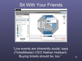 Sit With Your Friends




“Live events are inherently social, says
 (TicketMaster) CEO Nathan Hubbard.
     Buying tickets should be, too.”       88
 