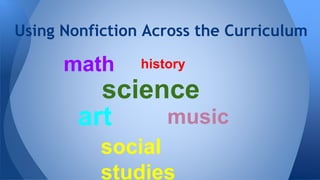 Using Nonfiction Across the Curriculum 
history 
math 
science 
art 
music 
social 
studies 
 