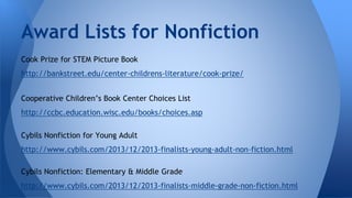 Award Lists for Nonfiction 
Cook Prize for STEM Picture Book 
http://bankstreet.edu/center-childrens-literature/cook-prize/ 
Cooperative Children’s Book Center Choices List 
http://ccbc.education.wisc.edu/books/choices.asp 
Cybils Nonfiction for Young Adult 
http://www.cybils.com/2013/12/2013-finalists-young-adult-non-fiction.html 
Cybils Nonfiction: Elementary & Middle Grade 
http://www.cybils.com/2013/12/2013-finalists-middle-grade-non-fiction.html 
 