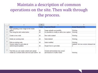 Maintain a description of common
operations on the site. Then walk through
the process.
 