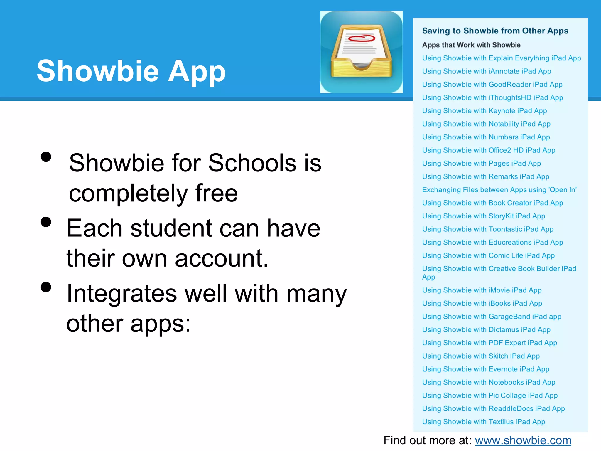 Showbie App
•  Showbie for Schools is
completely free
•  Each student can have
their own account.
•  Integrates well with many
other apps:
Find out more at: www.showbie.com
 