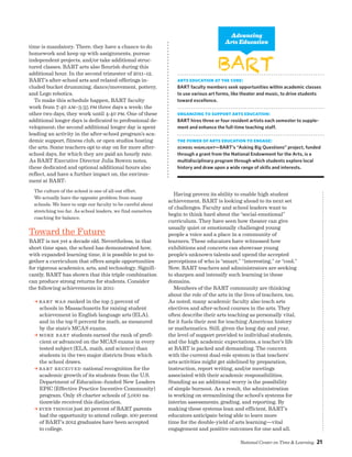 National Center on Time  Learning 21
time is mandatory. There, they have a chance to do
homework and keep up with assignments, pursue
independent projects, and/or take additional struc-
tured classes. BART arts also flourish during this
additional hour. In the second trimester of 2011–12,
BART’s after-school arts and related offerings in-
cluded bucket drumming, dance/movement, pottery,
and Lego robotics.
To make this schedule happen, BART faculty
work from 7:40 am–3:35 pm three days a week; the
other two days, they work until 4:40 pm. One of these
additional longer days is dedicated to professional de-
velopment; the second additional longer day is spent
leading an activity in the after-school program’s aca-
demic support, fitness club, or open studios hosting
the arts. Some teachers opt to stay on for more after-
school days, for which they are paid an hourly rate.
As BART Executive Director Julia Bowen notes,
these dedicated and optional additional hours also
reflect, and have a further impact on, the environ-
ment at BART:
The culture of the school is one of all-out effort.
We actually have the opposite problem from many
schools. We have to urge our faculty to be careful about
stretching too far. As school leaders, we find ourselves
coaching for balance.
Toward the Future
BART is not yet a decade old. Nevertheless, in that
short time span, the school has demonstrated how,
with expanded learning time, it is possible to put to-
gether a curriculum that offers ample opportunities
for rigorous academics, arts, and technology. Signifi-
cantly, BART has shown that this triple combination
can produce strong returns for students. Consider
the following achievements in 2011:
a BART was ranked in the top 5 percent of
schools in Massachusetts for raising student
achievement in English language arts (ELA),
and in the top 6 percent for math, as measured
by the state’s MCAS exams.
a More BART students earned the rank of profi-
cient or advanced on the MCAS exams in every
tested subject (ELA, math, and science) than
students in the two major districts from which
the school draws.
a BART received national recognition for the
academic growth of its students from the U.S.
Department of Education–funded New Leaders
EPIC (Effective Practice Incentive Community)
program. Only 18 charter schools of 5,000 na-
tionwide received this distinction.
a EVEN Though just 20 percent of BART parents
had the opportunity to attend college, 100 percent
of BART’s 2012 graduates have been accepted
to college.
BART
Arts Education at the Core:
BART faculty members seek opportunities within academic classes
to use various art forms, like theater and music, to drive students
toward excellence.
Organizing to Support Arts Education:
BART hires three or four resident artists each semester to supple-
ment and enhance the full-time teaching staff.
The Power of Arts Education to Engage:
School Highlight—BART’s “Asking Big Questions” project, funded
through a grant from the National Endowment for the Arts, is a
multidisciplinary program through which students explore local
history and draw upon a wide range of skills and interests.
Advancing
Arts Education
Having proven its ability to enable high student
achievement, BART is looking ahead to its next set
of challenges. Faculty and school leaders want to
begin to think hard about the “social-emotional”
curriculum. They have seen how theater can give
usually quiet or emotionally challenged young
people a voice and a place in a community of
learners. These educators have witnessed how
exhibitions and concerts can showcase young
people’s unknown talents and upend the accepted
perceptions of who is “smart,” “interesting,” or “cool.”
Now, BART teachers and administrators are seeking
to sharpen and intensify such learning in these
domains.
Members of the BART community are thinking
about the role of the arts in the lives of teachers, too.
As noted, many academic faculty also teach arts
electives and after-school courses in the arts. They
often describe their arts teaching as personally vital,
for it fuels their zest for teaching American history
or mathematics. Still, given the long day and year,
the level of support provided to individual students,
and the high academic expectations, a teacher’s life
at BART is packed and demanding. The concern
with the current dual-role system is that teachers’
arts activities might get sidelined by preparation,
instruction, report writing, and/or meetings
associated with their academic responsibilities.
Standing as an additional worry is the possibility
of simple burnout. As a result, the administration
is working on streamlining the school’s systems for
interim assessments, grading, and reporting. By
making these systems lean and efficient, BART’s
educators anticipate being able to leave more
time for the double-yield of arts learning—vital
engagement and positive outcomes for one and all. 
 