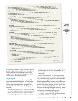 Advancing Arts Education National Center on Time  Learning 35
a shared faculty advisor during 35-minute advisory
periods and 30-minute lunch breaks. The order of
classes rotates through the week, so that no one
subject is too frequently affected negatively by late
arrivals or late-afternoon drowsiness.
the Arts as core
At Metro, the arts are required, not optional. More-
over, these requirements begin in the ninth grade,
when every student must take a performing arts
class in order to engage them in classroom and
school life. Principal Nick Kappelhoff explains the
rationale:
We see this performing arts class as the most powerful
way to get [young people] to form an individual academic
identity. The course gets them up on stage, speaking
out, collaborating, contributing to scripts, and making
production decisions. But this is not your regular theater
class where they are putting on Shakespeare or The Wiz.
Everything they do is connected to the content that they
are studying.
Using a similar strategy, all Metro tenth graders
are required to take an introductory digital arts class.
The school’s educators know that their students will
need an array of digital tools for conducting and
presenting their projects, and that they should begin
to think about how to find, evaluate, and synthesize
existing information and how to create, format, and
present original thinking. In this class, all students
negotiate a series of increasingly challenging project
assignments. According to digital arts teacher
Phyllis Wong, these assignments include:
a Creating and uploading a blog
a Making a short video that addresses the ques-
tion “What makes me happy?”
Envision
Education
views creative
work as
essential to
every student’s
success.
v
 