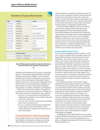 52 National Center on Time  Learning Advancing Arts Education
adequate yearly progress for two years, it was desig-
nated as “chronically underperforming.” So Roger
Williams then became eligible to receive federal
funding (via the state) to implement a turnaround
process, with a clear goal to substantially improve
student achievement. At the start of this process, the
district hired a new principal, Brearn Wright, and
granted him new levels of operational flexibility,
most notably in staffing, scheduling, and budgeting.
Within this mandate for change—including the
requirement to increase learning time—Wright and
his faculty made three bold choices. They opted to:
a Expand the school day by a full period (one
additional hour daily) to meet student needs and
enrich the curriculum;
a Ensure that the arts continued as an integral
part of the curriculum; and
a Build a network of community partnerships
(with ¡CityArts! and the Providence After
School Alliance) to support the school in its im-
provement efforts.
Committing to Arts Learning
Even though they know they must build students’
basic skills in mathematics, reading, and writing,
Roger Williams educators are inspired by their
Time Period Class
8:00-8:03 Locker
8:05-8:56 Period 1 English 6
8:59-9:50 Period 2 Literacy Intervention
9:53-10:15 Advisory
10:18-11:09 Period 3 Social Studies
11:12-11:42 Period 4 A lunch Music (Phys Ed TR)
11:45-12:15 Period 4 B Lunch Music (Phys Ed TR)
12:15-12:48 Period 4 C Lunch Lunch
12:51-1:42 Period 5 Math
1:44-2:35 Period 6 Science
2:37-3:28 Period 7 Math Intervention/
Arts Elective
After school
Monday + Wednesday Art Explosion (EDTAP)
Tuesday + Thursday ¡CityArts! Dance Jam
Roger Williams Middle School
Schedule of Typical Sixth Grader
Roger Williams has committed to using the whole day in
ways that will best serve students’ learning needs.
j
school’s historical commitment to being a center for
the arts in the community. Indeed, the principal and
faculty are determined to reclaim the connection
between the arts and high academic expectations. As
skilled middle school educators, they know they need
a curriculum that features many modes of learning
and many forms of expressing understanding.
The recent Roger Williams curriculum revision
started with a change in the school day. Using
federal funding from the School Improvement
Grant (SIG) program, Principal Brearn Wright has
expanded the school day to seven periods, adding an
additional full period, five days a week. All Roger
Williams students now stay at school until about
3:30 pm, instead of 2:30 pm, as they had in previous
academic years. The school’s principal and faculty
have committed to using the additional hour—and,
indeed, the time across the whole day—in ways that
will best serve students’ learning needs.
Moving Toward the Arts for All
In an era when struggling schools too often cut the
arts in order to make room for remedial classes, the
Roger Williams faculty maintains three full-time
specialists—one each in music, visual arts, and
theater. The result is that, along with courses like
technology and Spanish, the majority of students
here have daily “specials” classes that rotate each
quarter, and the school faculty is in the process of
figuring out how that majority can come to include
all. Roger Williams educators also acknowledge that
because the school is still in the early stages of its
turnaround, they will continue to prioritize teaching
time in academics, so that their students who are
very far behind can begin to perform at grade-level
expectations.
To implement academic intervention, Roger
Williams educators assign students to one of three
tiers based on their learning needs. Tier 1 students
are substantially behind in both reading and math;
their extra period gives them time for concentrated
and targeted work in both core subjects. Students
in Tier 2 have major needs in one of these two
areas; the expanded school day gives them added
time for working on skills where they are weakest
and also opens up an opportunity for electives that
include the arts, science, Spanish, and current
events. Tier 3 students are succeeding in both
major academic domains. For them, seventh period
opens up even more opportunities for enrichment
courses in the areas of the arts, science, Spanish,
and current events, which keep these students
challenged and engaged.
A significant point is that these tiers are not fixed
at Roger Williams. Students in Tiers 1 and 2 have the
opportunity to move up as their performances im-
prove. As English language arts (ELA) teacher Kaydi
McQuade points out:
 