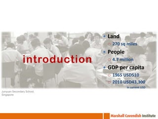  Land
                                  270 sq miles

                                People
                introduction      4.7 million

                                GDP per capita
                                  1965 USD510

                                  2010 USD43,300
                                          in current USD
Junyuan Secondary School,
Singapore
 