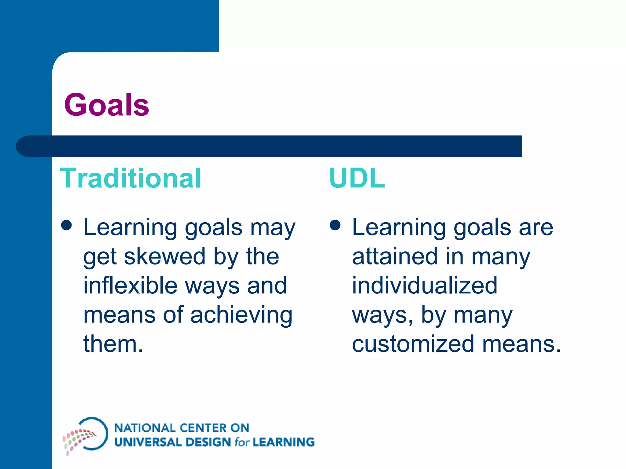 Goals Traditional Learning goals may get skewed by the inflexible ways and  means of achieving them. UDL Learning goals are attained in many individualized ways, by many customized means. 