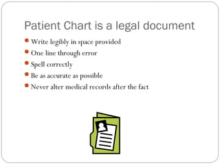 Patient Chart is a legal document
Write legibly in space provided
One line through error
Spell correctly
Be as accurate as possible
Never alter medical records after the fact
 