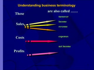 Understanding business terminology These  Sales Costs Profits  are also called ……   turnover income   revenue expenses net income  New Venture Creation Level 2 