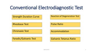 Conventional Electrodiagnostic Test
Strength Duration Curve
EMG & NCV 5
Rheobase Test
Chronaxie Test
Faradic/Galvanic Test
Reaction of Degeneration Test
Pulse Ratio
Accommodation
Galvanic Tetanus Ratio
 