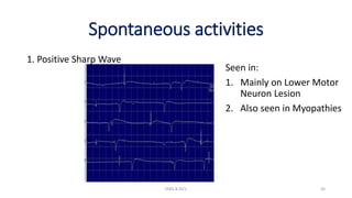 Spontaneous activities
1. Positive Sharp Wave
EMG & NCV 56
Seen in:
1. Mainly on Lower Motor
Neuron Lesion
2. Also seen in Myopathies
 