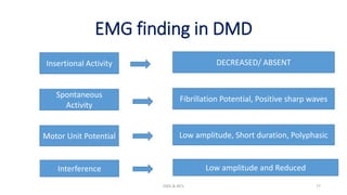 EMG finding in DMD
EMG & NCV 77
DECREASED/ ABSENT
Fibrillation Potential, Positive sharp waves
Low amplitude, Short duration, Polyphasic
Low amplitude and Reduced
Insertional Activity
Spontaneous
Activity
Motor Unit Potential
Interference
 