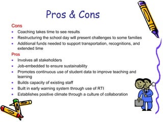 Pros & ConsConsCoaching takes time to see resultsRestructuring the school day will present challenges to some familiesAdditional funds needed to support transportation, recognitions, and extended timeProsInvolves all stakeholdersJob-embedded to ensure sustainabilityPromotes continuous use of student data to improve teaching and learningBuilds capacity of existing staffBuilt in early warning system through use of RTIEstablishes positive climate through a culture of collaboration