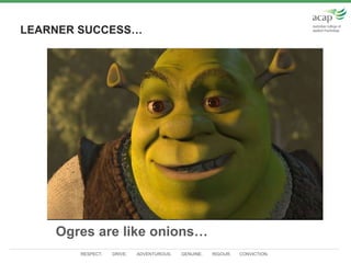 RESPECT. DRIVE. ADVENTUROUS. GENUINE. RIGOUR. CONVICTION.
LEARNER SUCCESS…
Ogres are like onions…
 