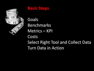 Basic Steps

Goals
Benchmarks
Metrics – KPI
Costs
Select Right Tool and Collect Data
Turn Data in Action
 