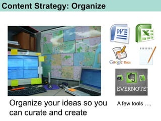 Content Strategy: Organize




 Organize your ideas so you   A few tools ….
 can curate and create
 