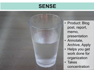 SENSE
 Sense



         • Product: Blog
           post, report,
           memo,
           presentation
         • Annotate,
           Archive, Apply
         • Helps you get
           work done for
           organization
         • Takes
           concentration
 