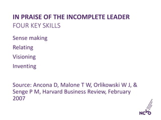 IN PRAISE OF THE INCOMPLETE LEADER
Sense making
Relating
Visioning
Inventing
Source: Ancona D, Malone T W, Orlikowski W J, &
Senge P M, Harvard Business Review, February
2007
FOUR KEY SKILLS
 