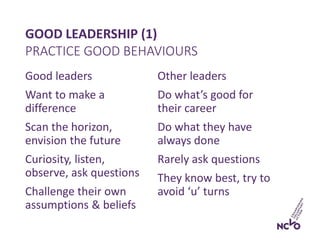 Good leaders
Want to make a
difference
Scan the horizon,
envision the future
Curiosity, listen,
observe, ask questions
Challenge their own
assumptions & beliefs
Other leaders
Do what’s good for
their career
Do what they have
always done
Rarely ask questions
They know best, try to
avoid ‘u’ turns
GOOD LEADERSHIP (1)
PRACTICE GOOD BEHAVIOURS
 