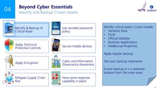 ©Zurich
INTERNAL USE ONLY 17
04
Identify & Backup of
Critical Asset
Use sensible password
policy
Apply Technical
Protective Controls
Secure mobile devices
Apply Encryption
Cyber and Information
Governance Awareness
Mitigate Supply Chain
Risk
Have some response
capability in place
Beyond Cyber Essentials
Identify and Backup Crown Jewels
Identify critical assets: Crown Jewels
• Sensitive Data
• Fund
• Official Website
• Business Applications
• Intellectual Properties
Apply regular backup
Test your backup restoration
Ensure backup is in a separate
location from the main asset
 