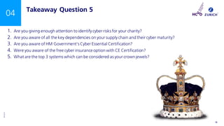 ©Zurich
INTERNAL USE ONLY 18
04 Takeaway Question 5
1. Are you giving enough attention to identify cyber risks for your charity?
2. Are you aware of all the key dependencies on your supply chain and their cyber maturity?
3. Are you aware of HM Government’s Cyber Essential Certification?
4. Were you aware of the free cyber insurance option with CE Certification?
5. What are the top 3 systems which can be considered as your crown jewels?
 