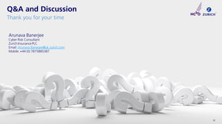 ©Zurich
INTERNAL USE ONLY 31
Q&A and Discussion
Thank you for your time
Arunava Banerjee
Cyber Risk Consultant
Zurich Insurance PLC
Email: Arunava.Banerjee@uk.zurich.com
Mobile: +44 (0) 7875885387
 