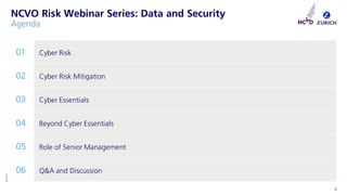 ©Zurich
INTERNAL USE ONLY
01 Cyber Risk
02 Cyber Risk Mitigation
03 Cyber Essentials
04 Beyond Cyber Essentials
05 Role of Senior Management
06 Q&A and Discussion
4
NCVO Risk Webinar Series: Data and Security
Agenda
 