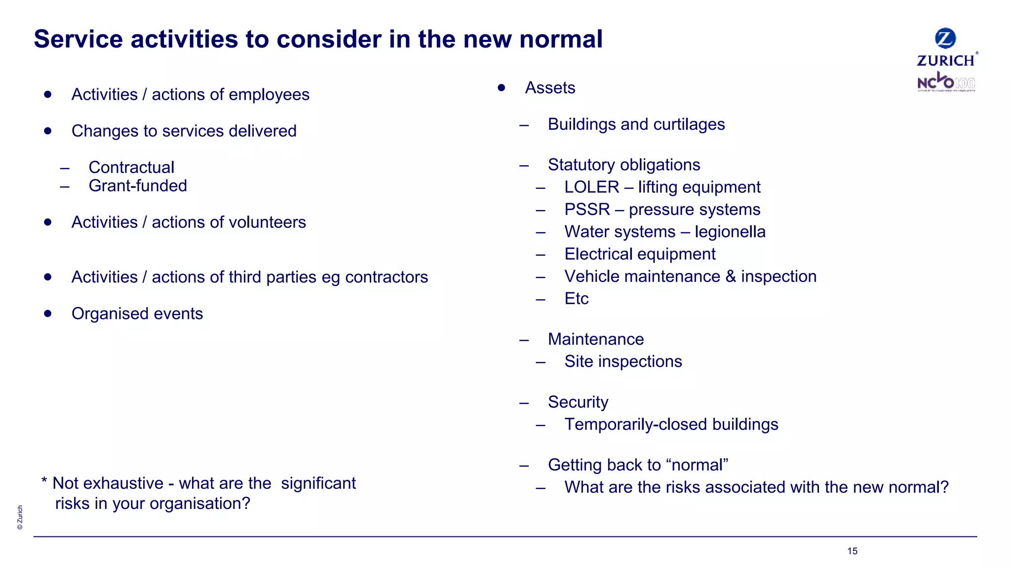 ©Zurich
15
Service activities to consider in the new normal
 Activities / actions of employees
 Changes to services delivered
– Contractual
– Grant-funded
 Activities / actions of volunteers
 Activities / actions of third parties eg contractors
 Organised events
 Assets
– Buildings and curtilages
– Statutory obligations
– LOLER – lifting equipment
– PSSR – pressure systems
– Water systems – legionella
– Electrical equipment
– Vehicle maintenance & inspection
– Etc
– Maintenance
– Site inspections
– Security
– Temporarily-closed buildings
– Getting back to “normal”
– What are the risks associated with the new normal?* Not exhaustive - what are the significant
risks in your organisation?
 