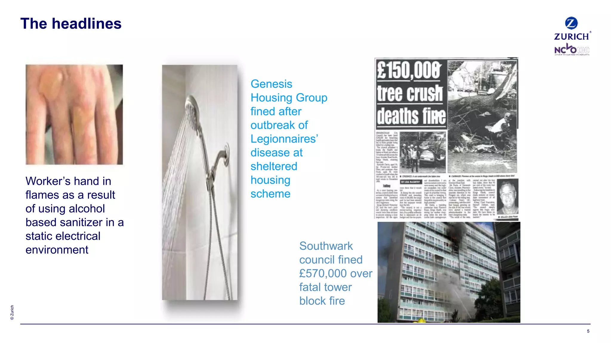 ©Zurich
The headlines
5
Genesis
Housing Group
fined after
outbreak of
Legionnaires’
disease at
sheltered
housing
scheme
Southwark
council fined
£570,000 over
fatal tower
block fire
Worker’s hand in
flames as a result
of using alcohol
based sanitizer in a
static electrical
environment
 