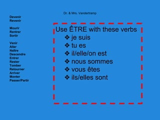 Dr. & Mrs. Vandertramp
Devenir
Revenir
Mourir
Rentrer
Sortir
Venir
Aller
Naître
Descendre
Entrer
Rester
Tomber
Retourner
Arriver
Monter
Passer/Partir
Use ÊTRE with these verbs
❖ je suis
❖ tu es
❖ il/elle/on est
❖ nous sommes
❖ vous êtes
❖ ils/elles sont
 