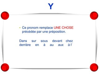 Y
▪ Ce pronom remplace UNE CHOSE
précédée par une préposition.
Dans sur sous devant chez
derrière en à au aux à l’
 