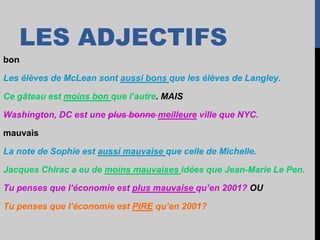 LES ADJECTIFS
bon
Les élèves de McLean sont aussi bons que les élèves de Langley.
Ce gâteau est moins bon que l’autre. MAIS
Washington, DC est une plus bonne meilleure ville que NYC.
mauvais
La note de Sophie est aussi mauvaise que celle de Michelle.
Jacques Chirac a eu de moins mauvaises idées que Jean-Marie Le Pen.
Tu penses que l’économie est plus mauvaise qu’en 2001? OU
Tu penses que l’économie est PIRE qu’en 2001?
 