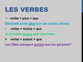 LES VERBES
+ verbe + plus + que
Elizabeth parle plus que les autres élèves.
- verbe + moins + que
Je travaille moins que mon frère.
= verbe + autant + que
Les filles mangent autant que les garçons?
 